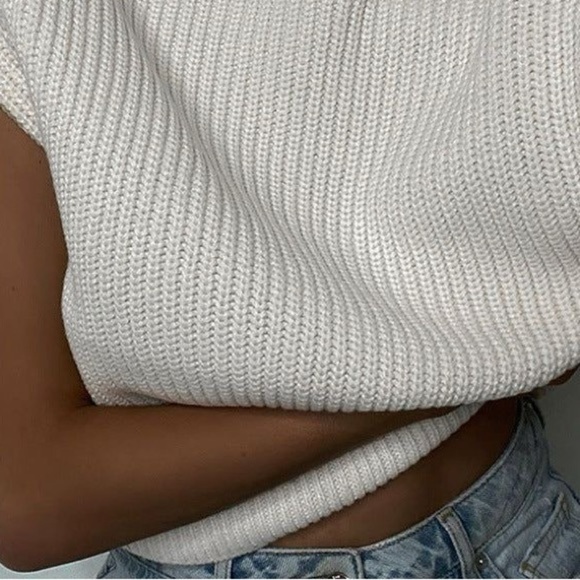 100%cotton white ribbed-knit, sleeveless mock-neck top warm cold weather size L - Picture 1 of 5